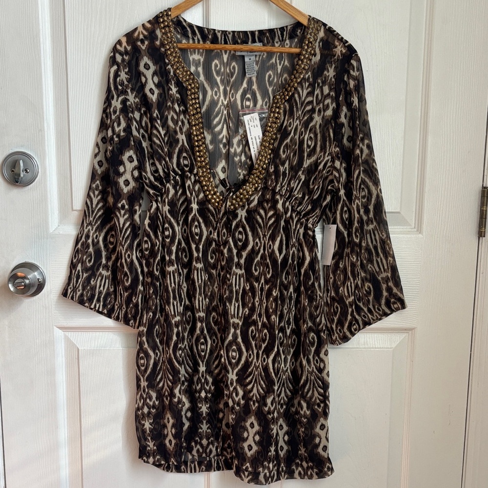New NWT Bali Club Brown black sheer Cover Up Vneck sz M lightweight resort wear